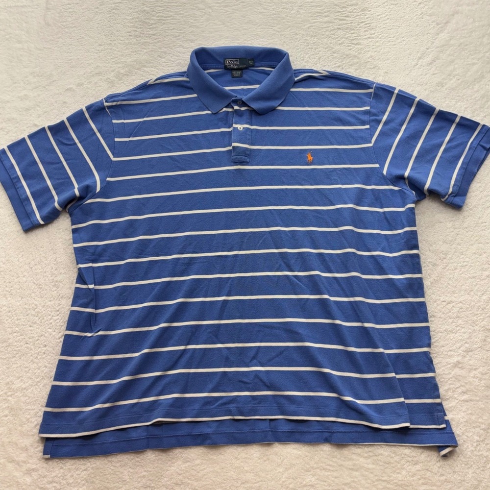 Polo Ralph Lauren Mens 4XB Blue White Striped Short Sleeve Pique Polo Shirt